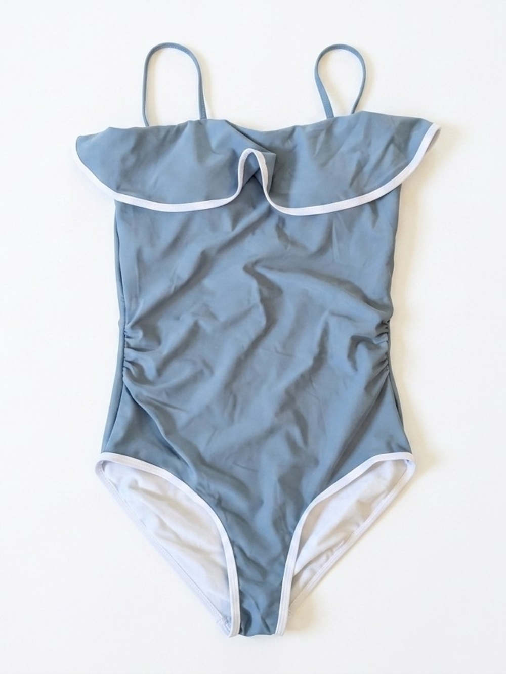 Girls One Piece Swimsuit Size 13 14 Y Blue Ruched Ruffle Bathing Suit Tween NWOT